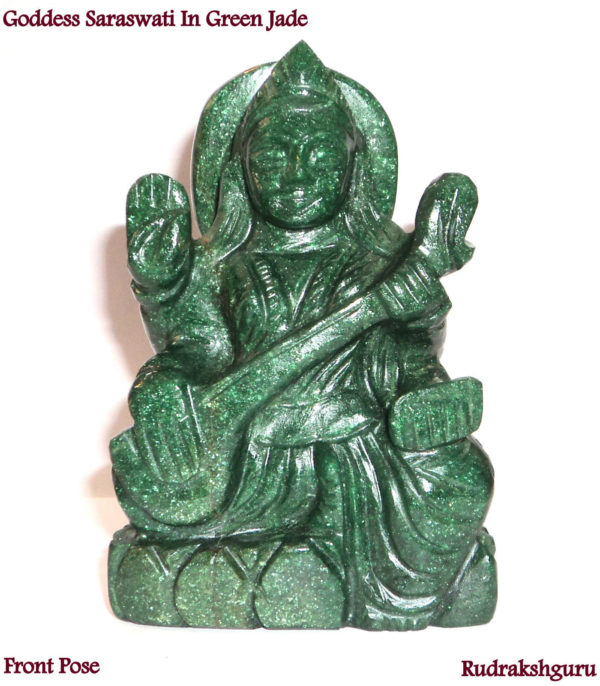 Goddess Saraswati In Natural Green Jade