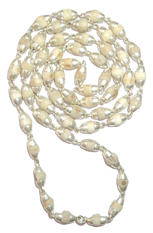 White Tulsi Beads Mala In Silver Conical Caps