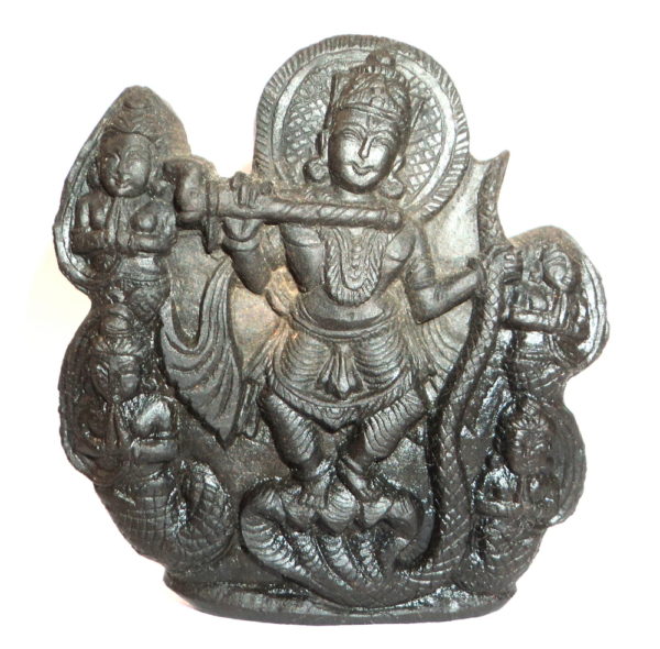 Lord Krishna Murti Dancing on Kaliya Snake Carved on Natural Sudarshan Shaligram