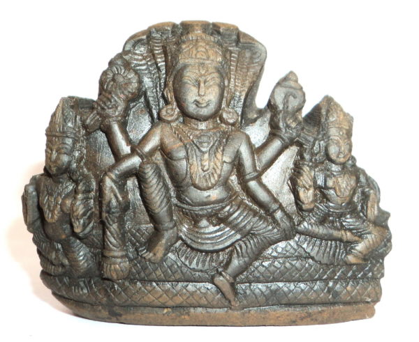 Lord Vishnu With Sridevi and Bhudevi carved on natural sudarshan shaligram