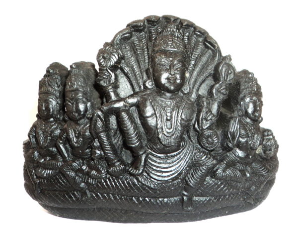 Lord Vishnu With Sridevi , Bhudevi and NeelaDevi Carved on Natural Sudarshan Shaligram