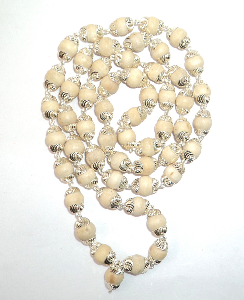 White Tulsi Beads Mala In Silver Self Design caps