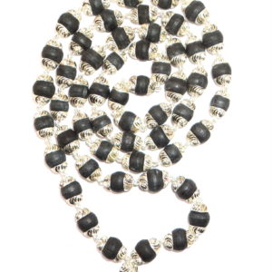 Black Tulsi Beads Mala In Silver Self Design caps