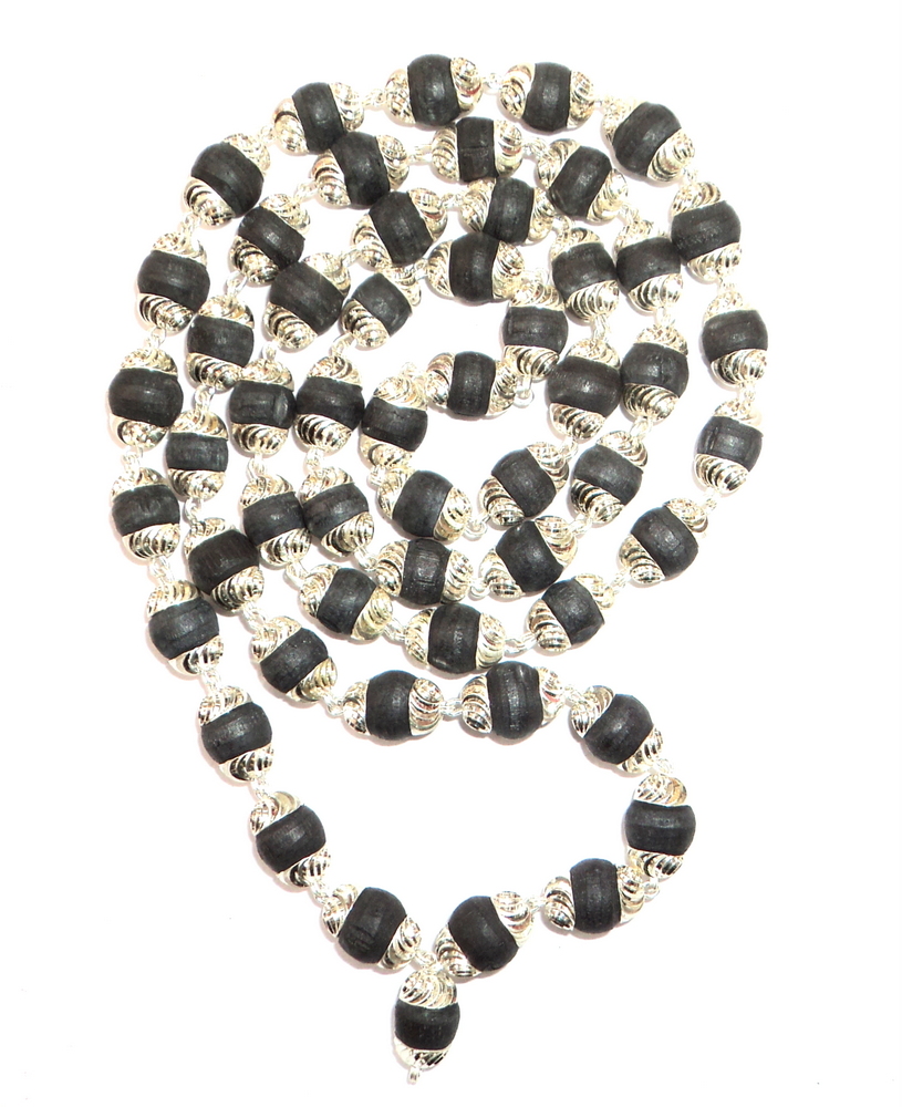 Black Tulsi Beads Mala In Silver Self Design caps